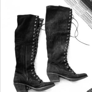 Over the knee black lace up boots